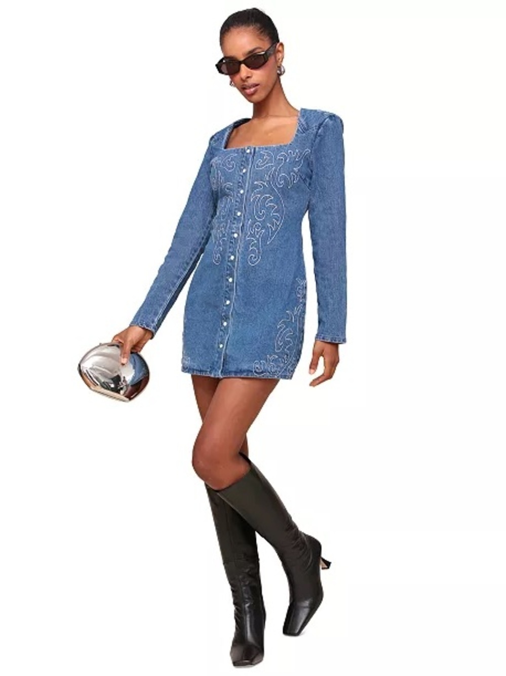 Avec Les Filles Blue Denim Embroidered Button-Front Mini Dress - Picture 5 of 12